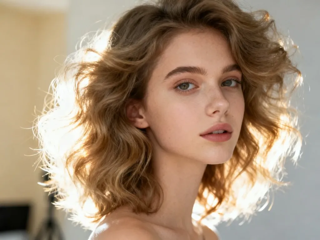 Młoda kobieta z puszystą, warstwową fryzurą typu fluffy hair w świetle dziennym, prezentująca objętość i teksturę włosów.