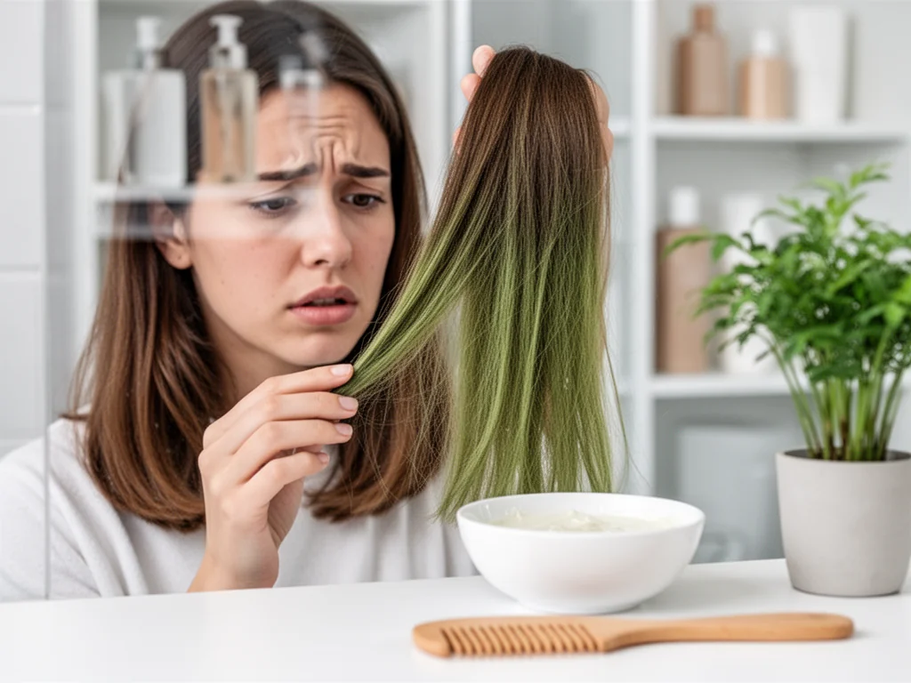 Kobieta w łazience z brązowymi, lekko zielonkawymi włosami ogląda pasmo, obok miseczka z naturalną maską i grzebień
