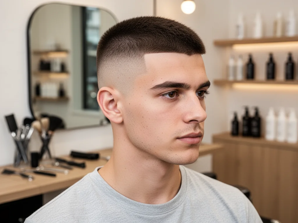 Młody mężczyzna w barbershopie prezentuje świeżą fryzurę low fade, z wyraźnie przyciętymi bokami i tyłem głowy.