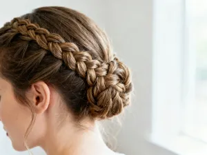 Elegancka kobieta w wieczorowej sukni przeglądająca się w lustrze, dobierająca fryzurę do stylizacji.