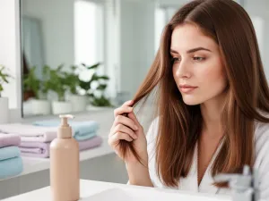 Stylowa kobieta z modną grzywką przegląda się w lustrze w profesjonalnym salonie fryzjerskim.