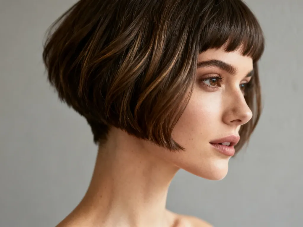 Kobieta z nowoczesną fryzurą pixie bob o wyraźnie zaznaczonej teksturze włosów i eleganckim cięciu.