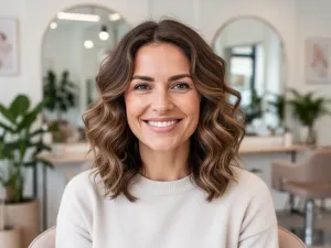 Młody mężczyzna w barber shopie prezentuje świeże blond pasemka na krótkich, teksturowanych włosach.