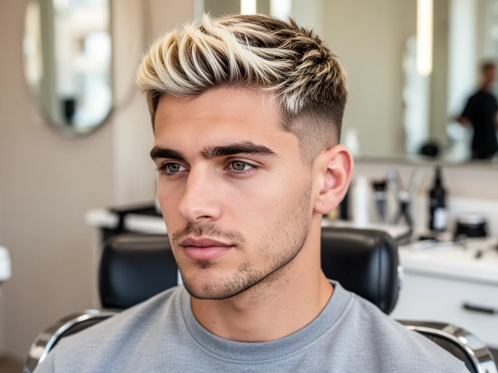 Młody mężczyzna w barber shopie prezentuje świeże blond pasemka na krótkich, teksturowanych włosach.