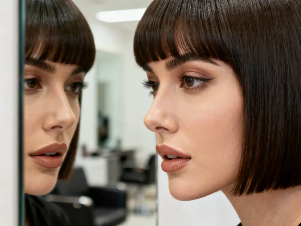 Stylowa kobieta z modną grzywką przegląda się w lustrze w profesjonalnym salonie fryzjerskim.