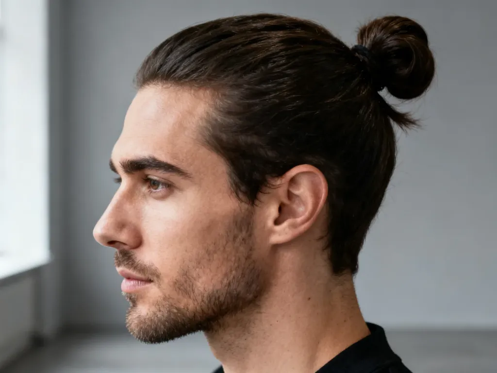 Mężczyzna z profesjonalnie ułożonym kokiem typu top knot, prezentujący estetykę fryzury samuraja.