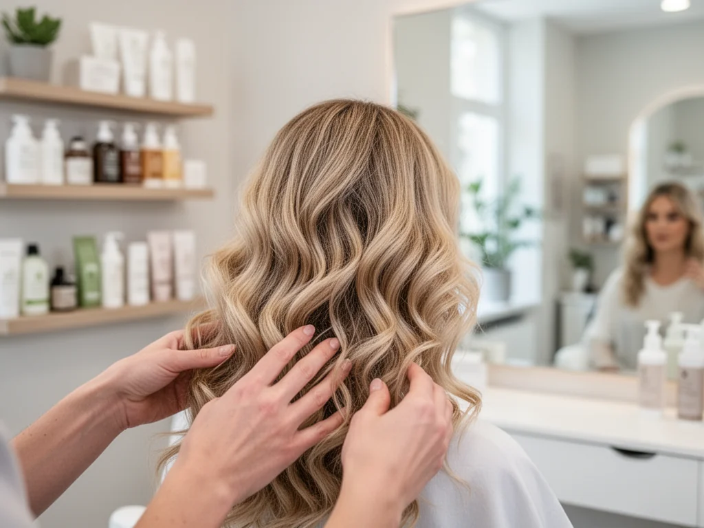 Zdrowe, falowane blond włosy w salonie fryzjerskim, fryzjer dotyka miękkich loków, podkreślenie efektu dobrze wykonanej trwałej