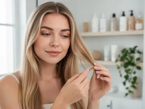 Młoda kobieta z puszystą, warstwową fryzurą typu fluffy hair w świetle dziennym, prezentująca objętość i teksturę włosów.