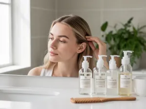 Nastolatka w nowoczesnym salonie fryzjerskim, stylista modeluje jej warstwowe włosy z pastelowymi refleksami suszarką i szczotką