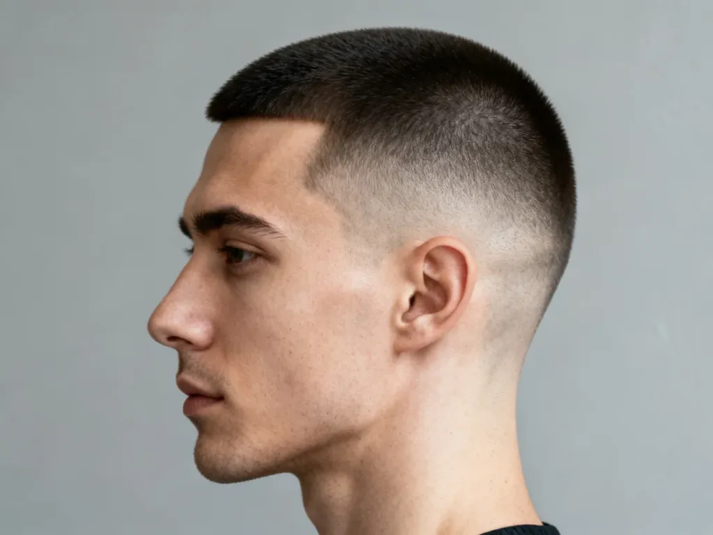 Mężczyzna z precyzyjnie wykonaną fryzurą typu buzz cut, prezentującą równą długość włosów i wyraźną linię cięcia.