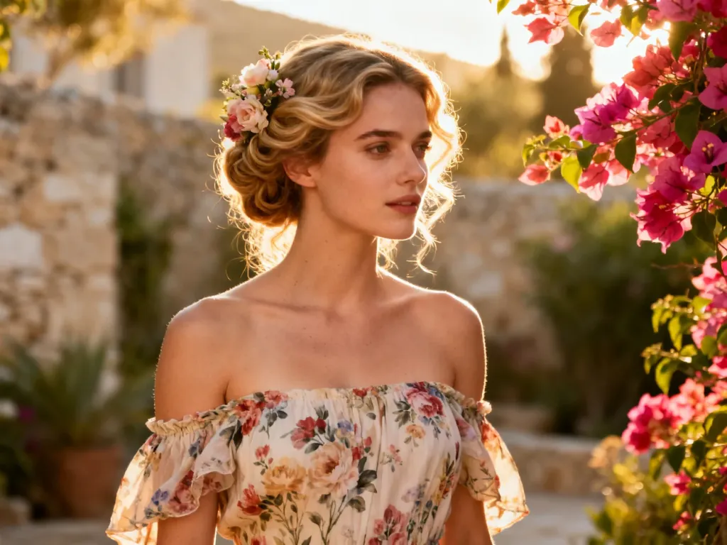Kobieta w sukience hiszpance z romantyczną fryzurą w kwiaty, idealnie pasującą do letniej, boho stylizacji.