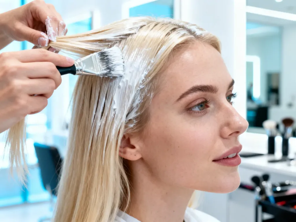 Profesjonalna fryzjerka nakłada toner na jasne włosy klientki w nowoczesnym salonie fryzjerskim.