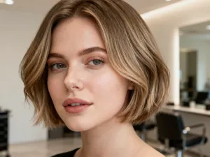 Elegancka 60-latka z nowoczesną fryzurą typu layered bob, prezentująca modne i odmładzające cięcie w jasnym salonie.