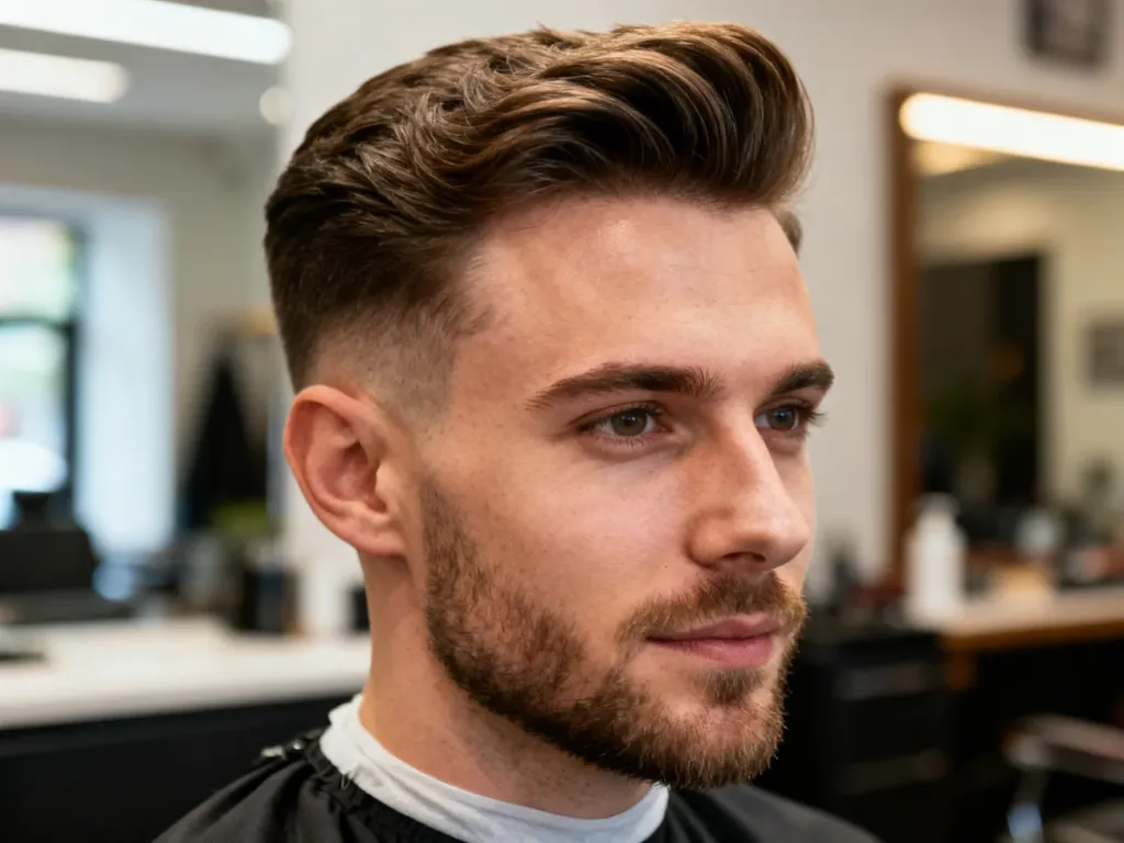 Mężczyzna z modną fryzurą typu quiff, która skutecznie maskuje zakola i dodaje pewności siebie.