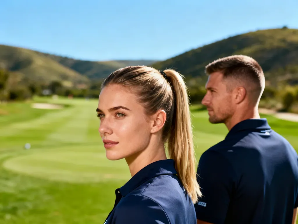 Kobieta z praktycznym kucykiem oraz mężczyzna w krótkiej, schludnej fryzurze na polu golfowym.