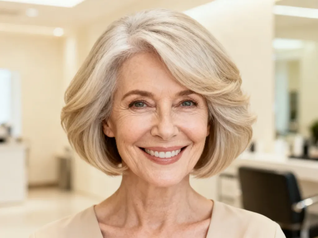 Elegancka 60-latka z nowoczesną fryzurą typu layered bob, prezentująca modne i odmładzające cięcie w jasnym salonie.