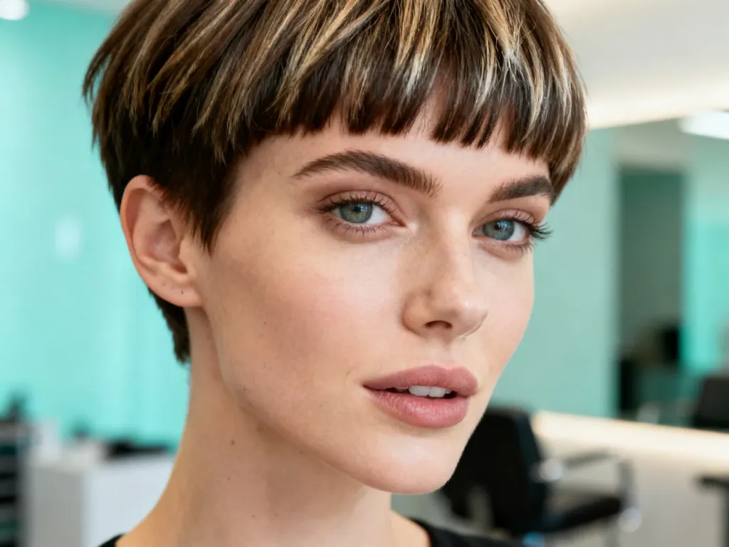 Stylowa kobieta z modną fryzurą pixie bob z teksturyzowaną grzywką w nowoczesnym salonie fryzjerskim.