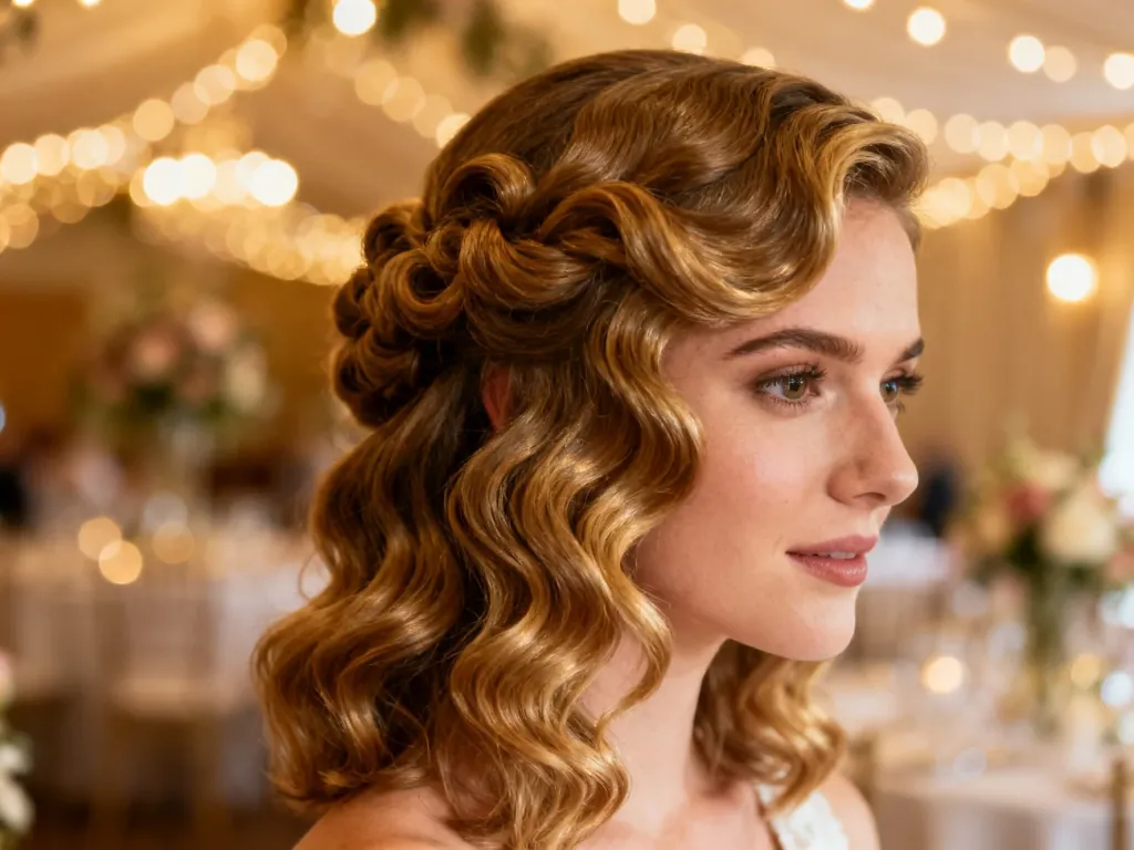 Eleganckie, lśniące loki na włosach średniej długości, idealne jako fryzura ślubna w romantycznym otoczeniu.