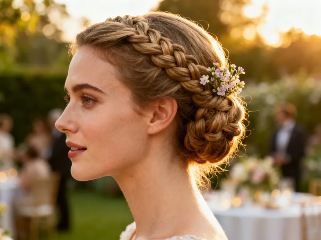 Eleganckie upięcie z warkoczem ozdobione drobnymi kwiatami, idealne jako fryzura ślubna w romantycznym stylu.