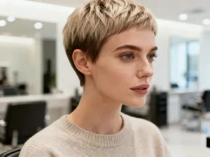 Kobieta z modną fryzurą do ramion w formie miękkich fal, prezentująca elegancką i nowoczesną stylizację włosów.