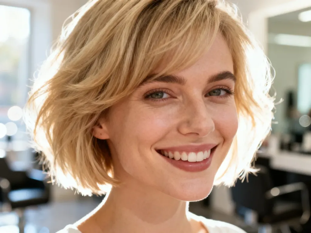 Uśmiechnięta kobieta z cienkimi, blond włosami w modnej fryzurze typu layered bob, która dodaje im objętości.
