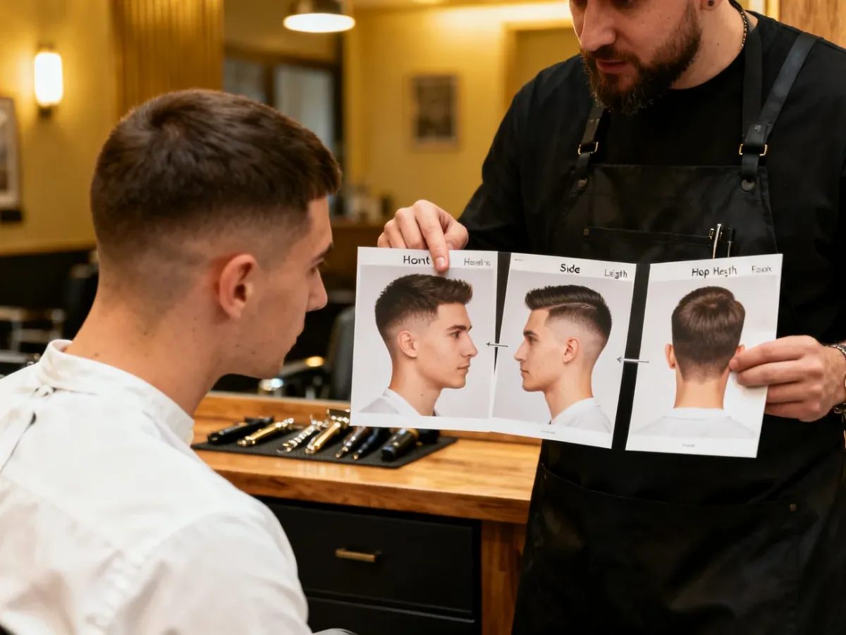 Barber konsultujący z klientem szczegóły planowanej fryzury