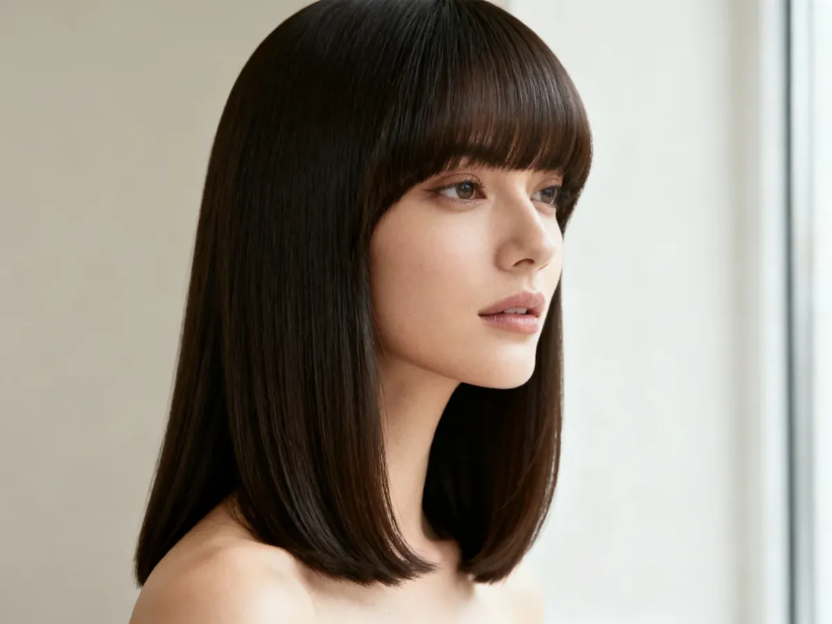 Gładki long bob do ramion z delikatną grzywką curtain bangs