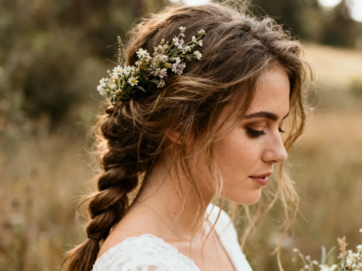 Boho fryzura ślubna z luźnym warkoczem i kwiatami