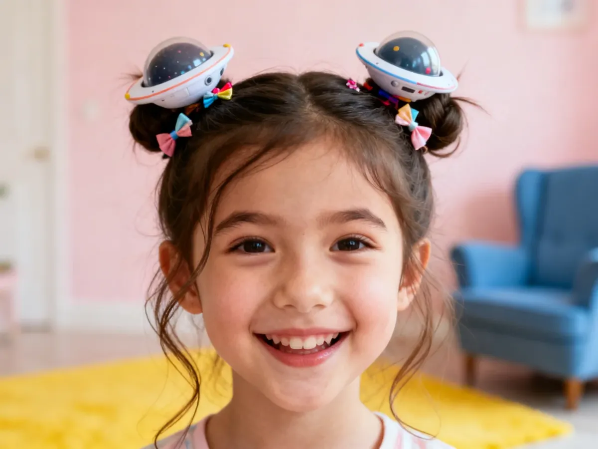 Dziewczynka z dwoma kolorowymi koczkami space buns