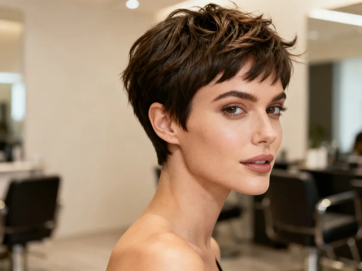 Kobieta z teksturowaną fryzurą pixie w nowoczesnym salonie