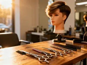 Mężczyzna z nowoczesną fryzurą typu fade i zadbaną brodą w profesjonalnym salonie fryzjerskim.