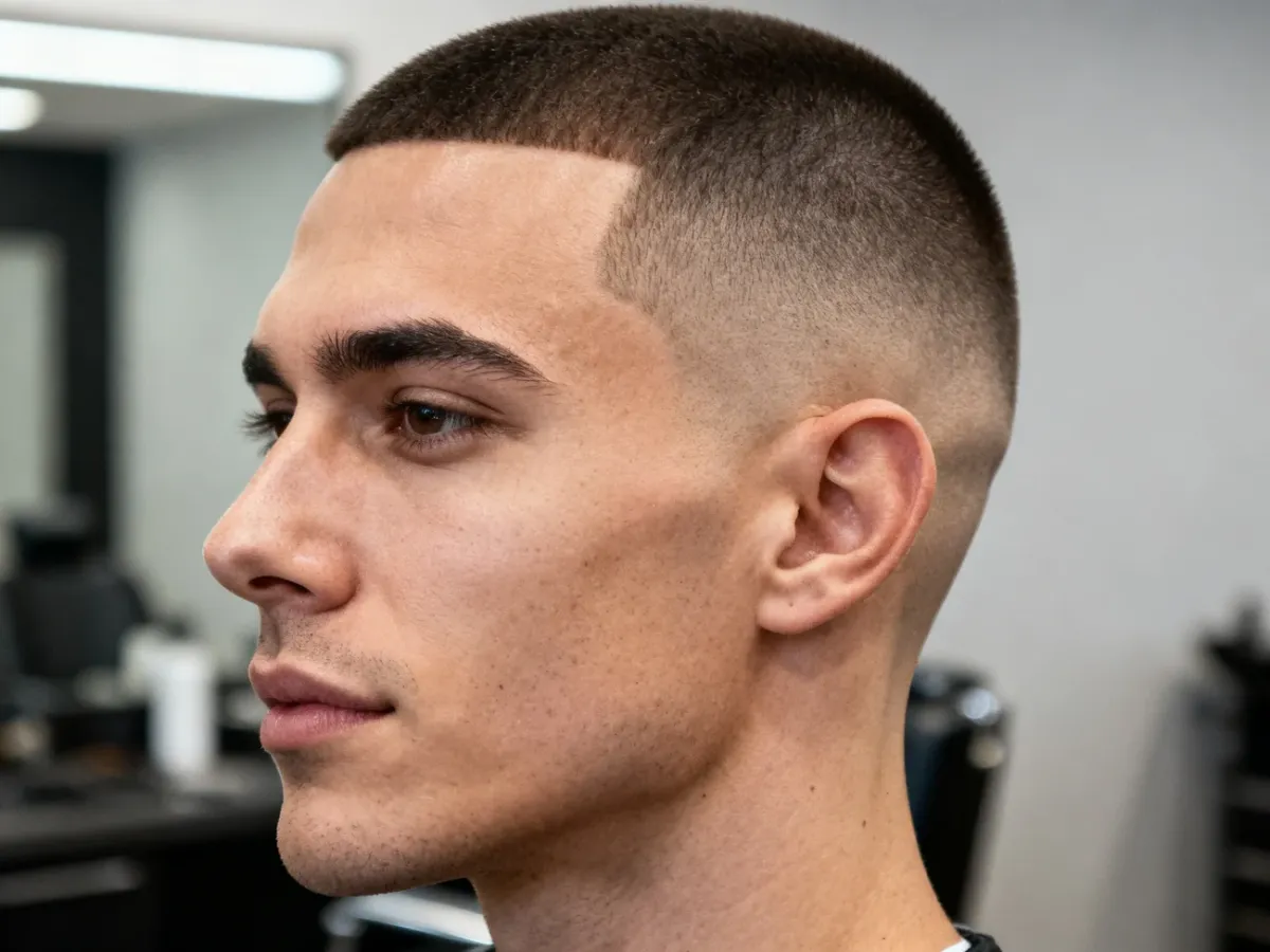 Mężczyzna z bardzo krótką fryzurą buzz cut i delikatnym cieniowaniem boków