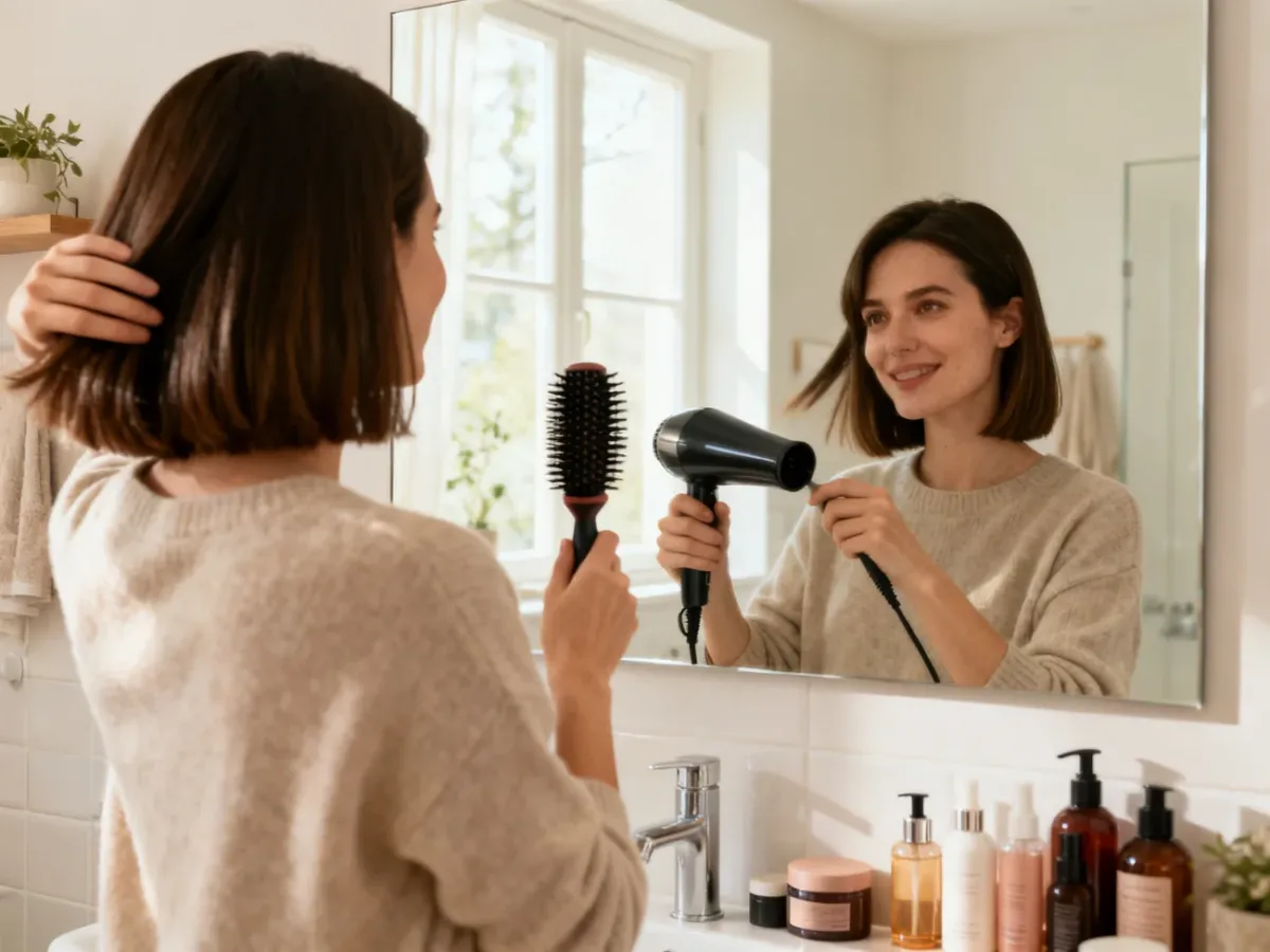 Kobieta modelująca fryzurę bob okrągłą szczotką i suszarką