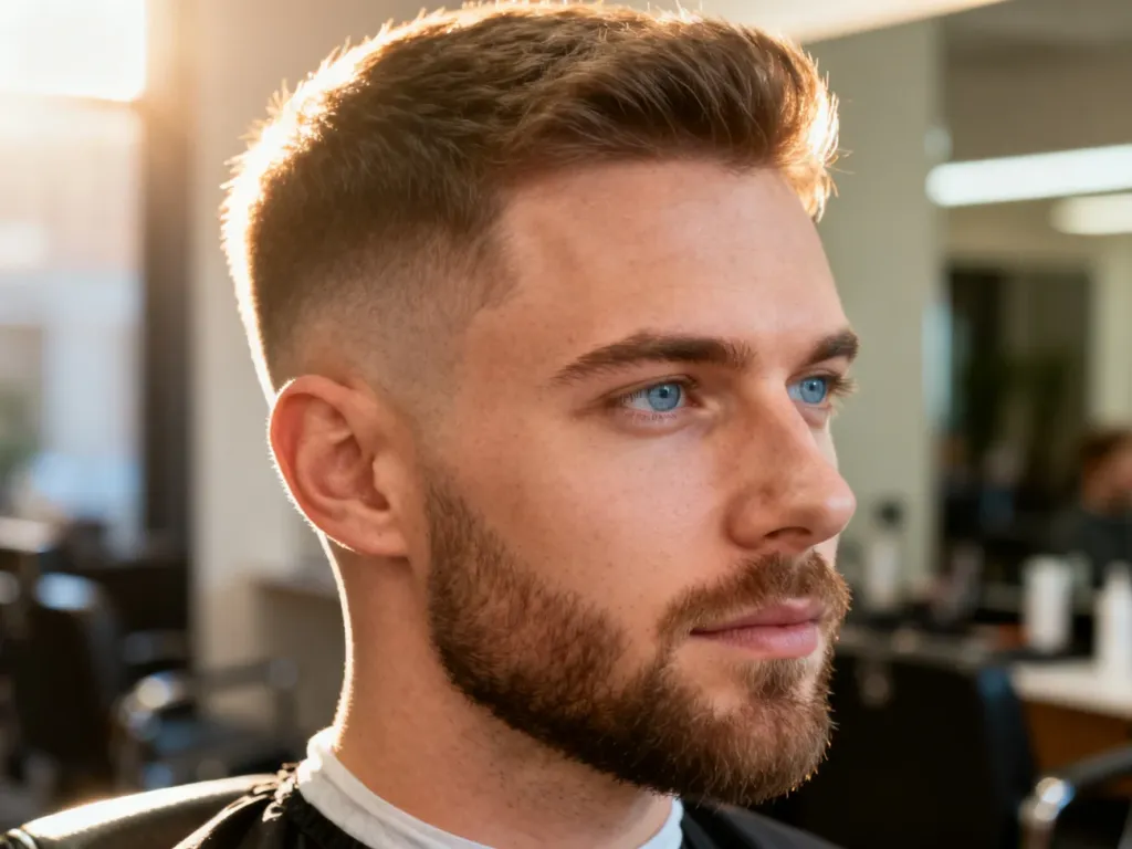 Mężczyzna z nowoczesną fryzurą typu fade i zadbaną brodą w profesjonalnym salonie fryzjerskim.