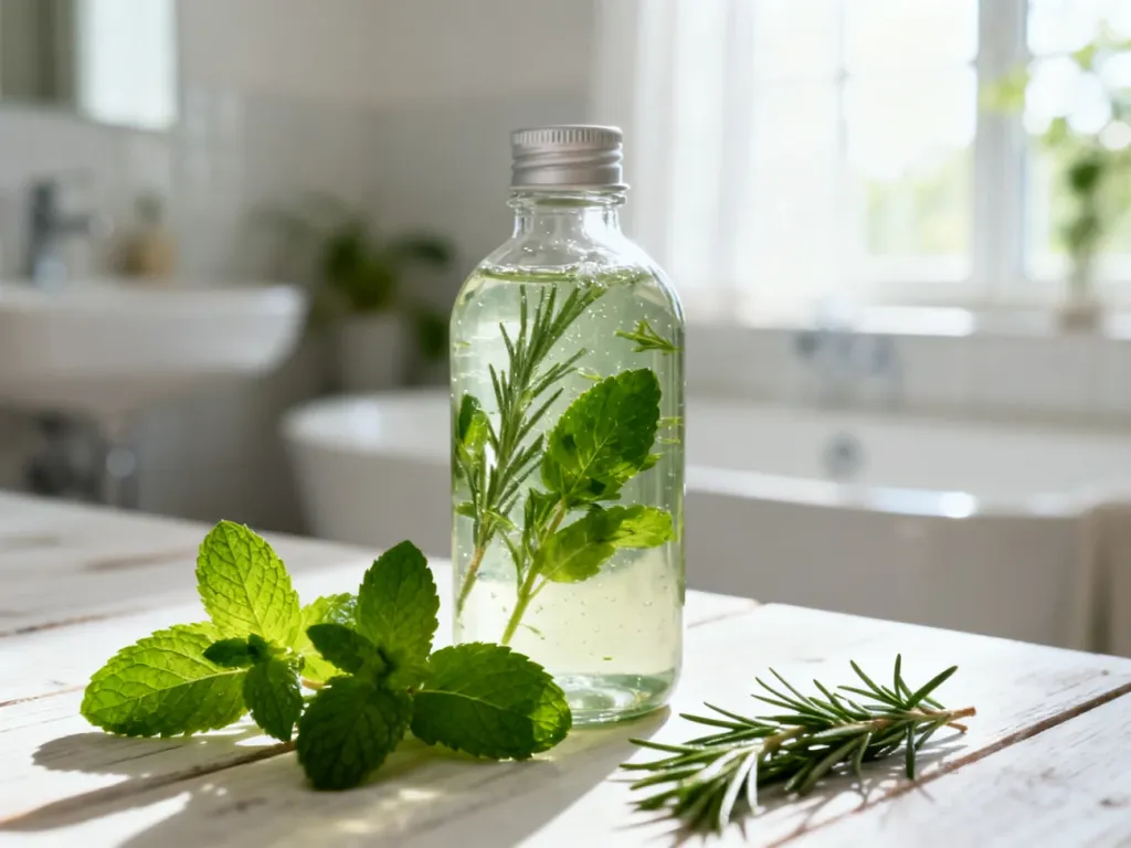 Szklana butelka naturalnego szamponu z miętą i rozmarynem na drewnianym tle, podkreślająca świeżość i ziołowy skład produktu.