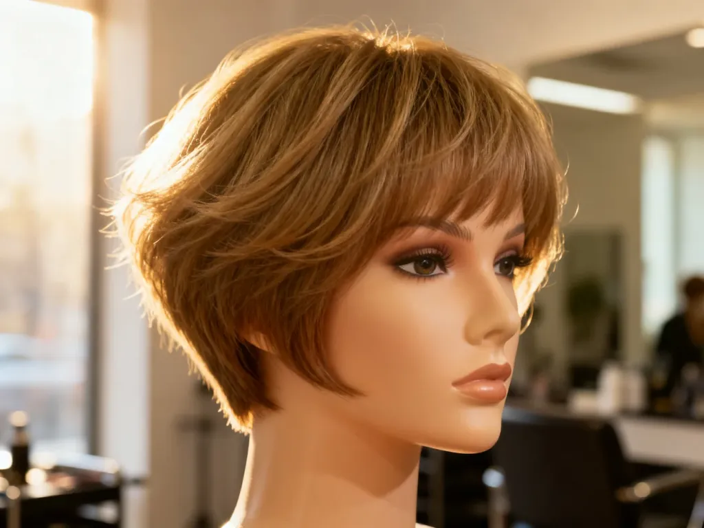Stylowa fryzura pixie na manekinie, prezentująca objętość i teksturę idealną dla cienkich włosów.