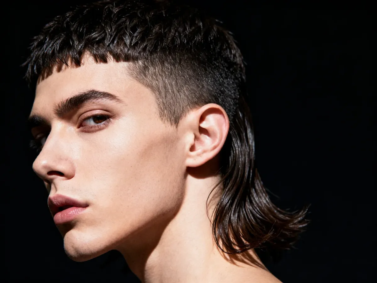 Zbliżenie na wyrazistą fryzurę mullet z krótkimi bokami i dłuższym tyłem
