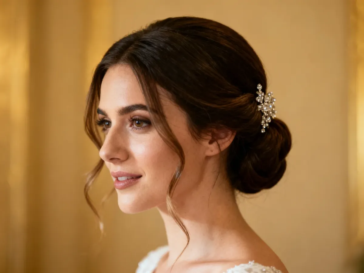 Elegancki glamour kok ślubny z ozdobą