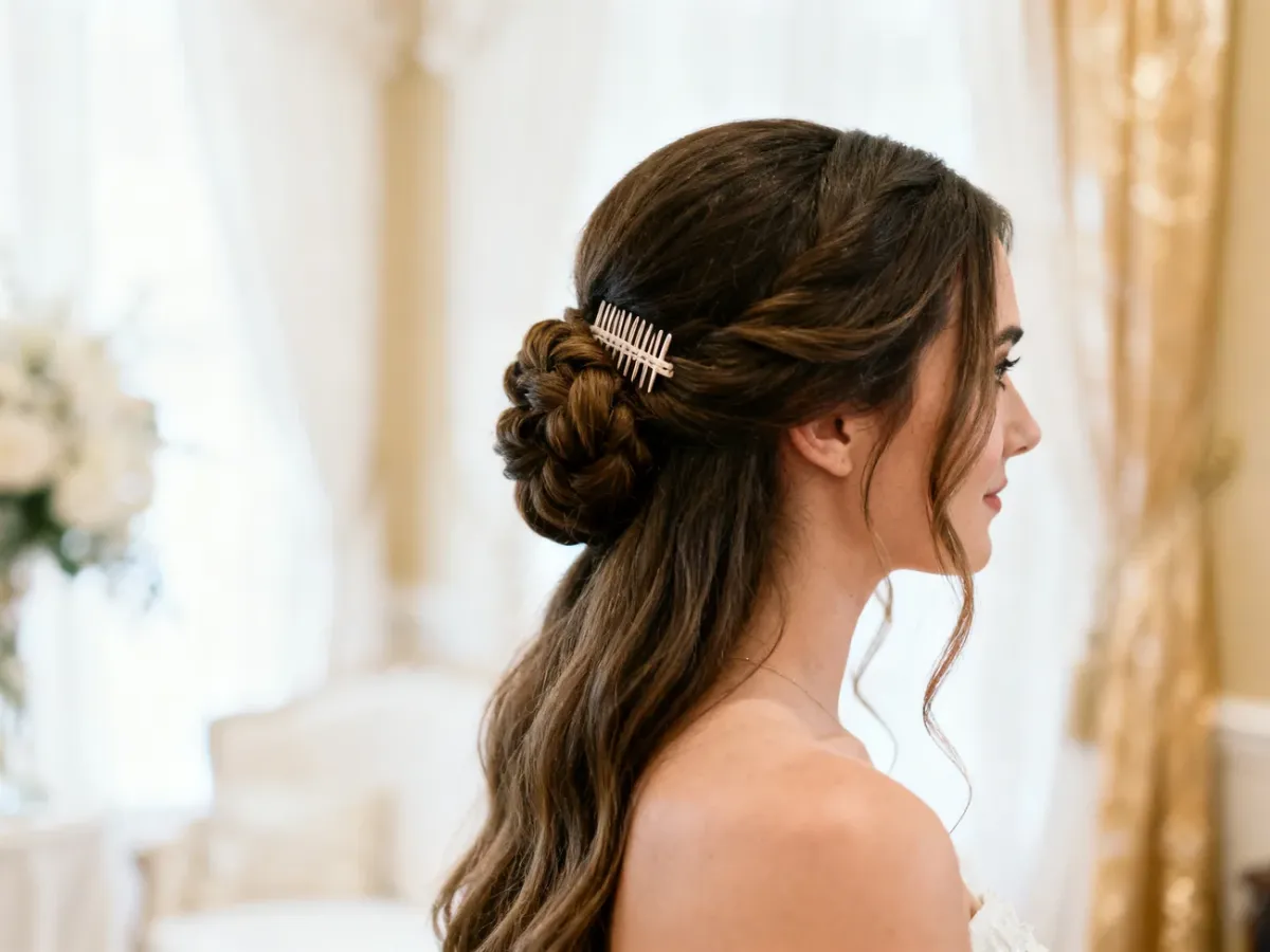 Starannie ułożone eleganckie upięcie z luźnymi kosmykami przy twarzy