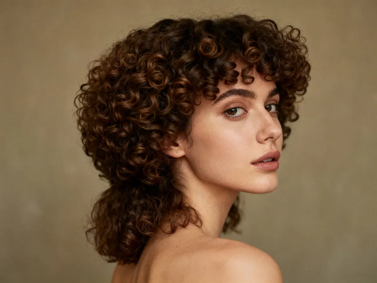 Kobieta z kręconą, zaokrągloną fryzurą mullet