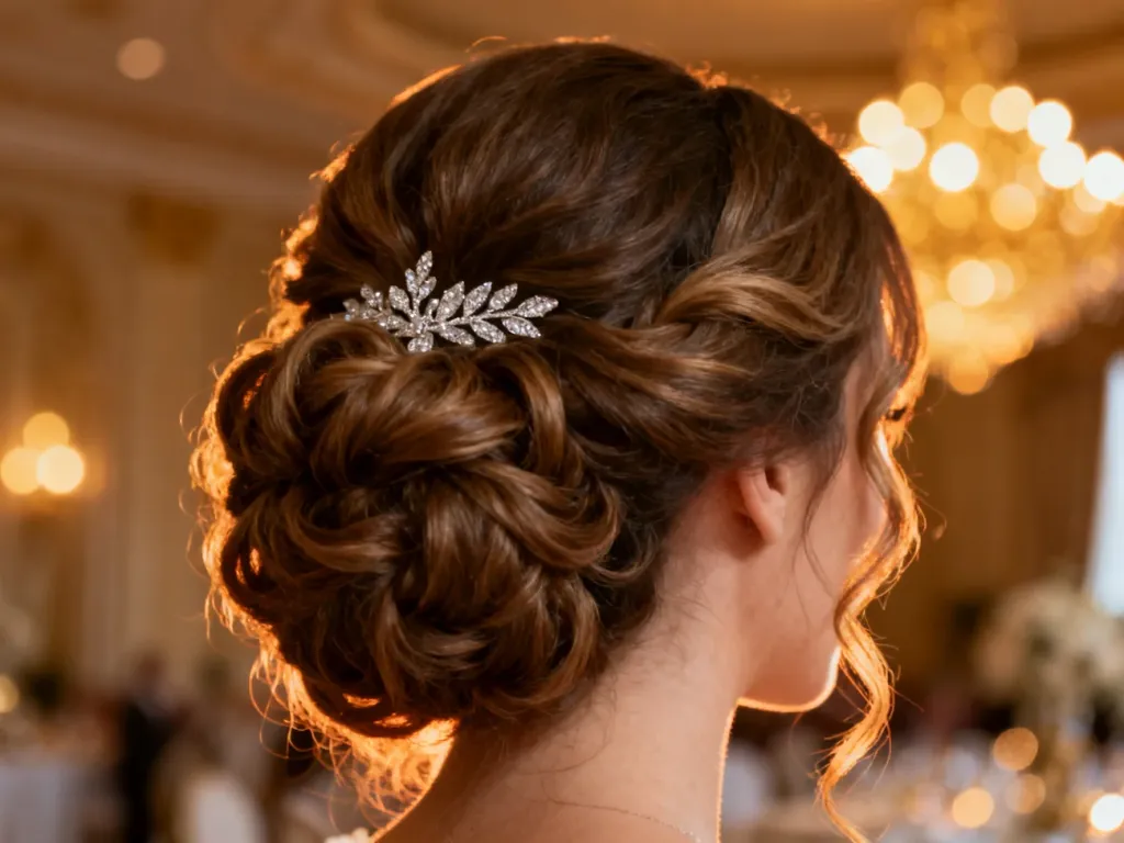Eleganckie upięcie z miękkimi lokami i srebrną ozdobą, idealne jako inspiracja fryzury weselnej dla dojrzałej kobiety.