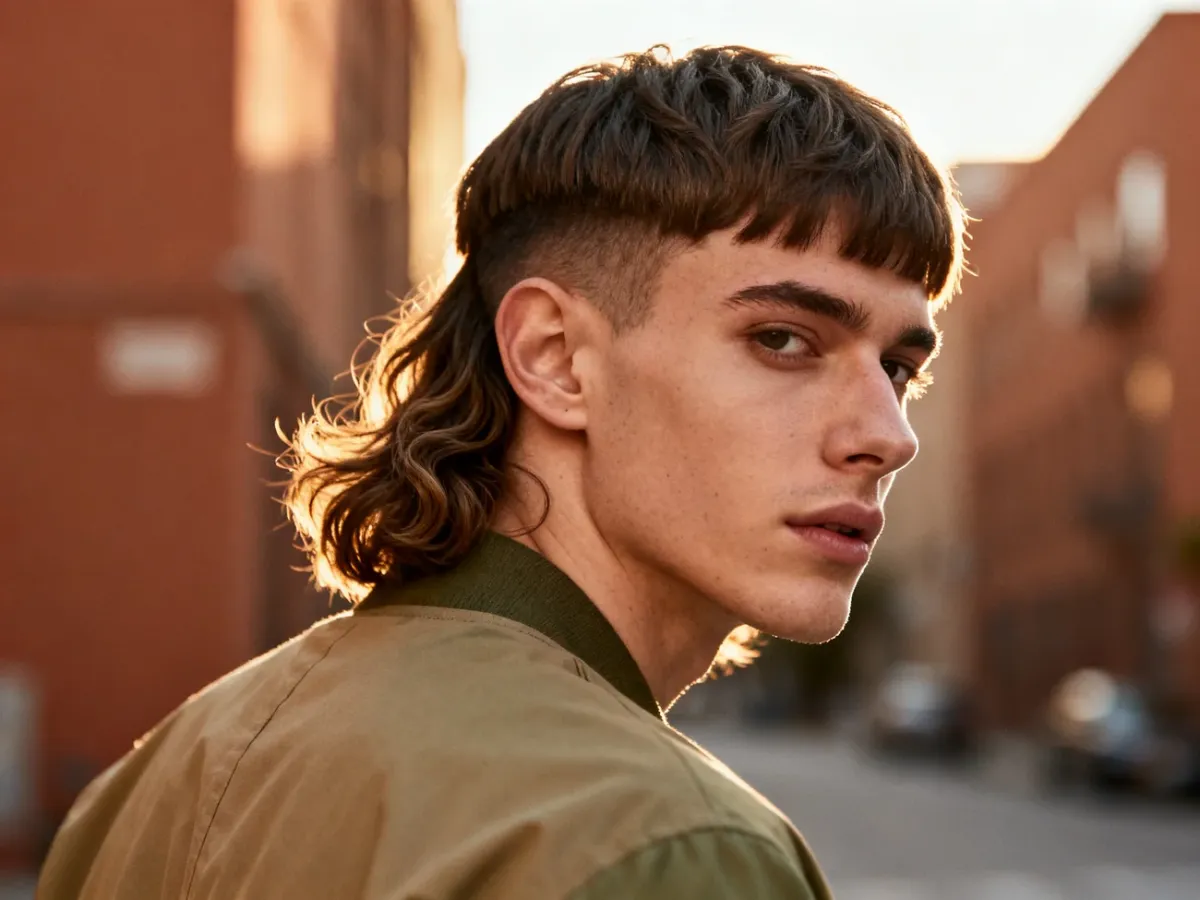 Mężczyzna z nowoczesną, warstwową fryzurą Modern Mullet