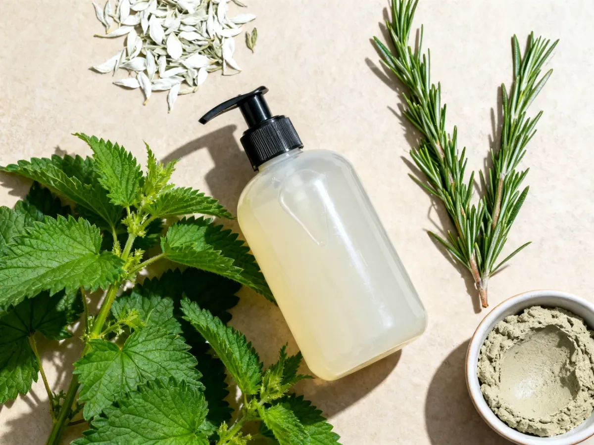 Natural shampoo ingredients including nettle, rosemary, white tea and cosmetic clay