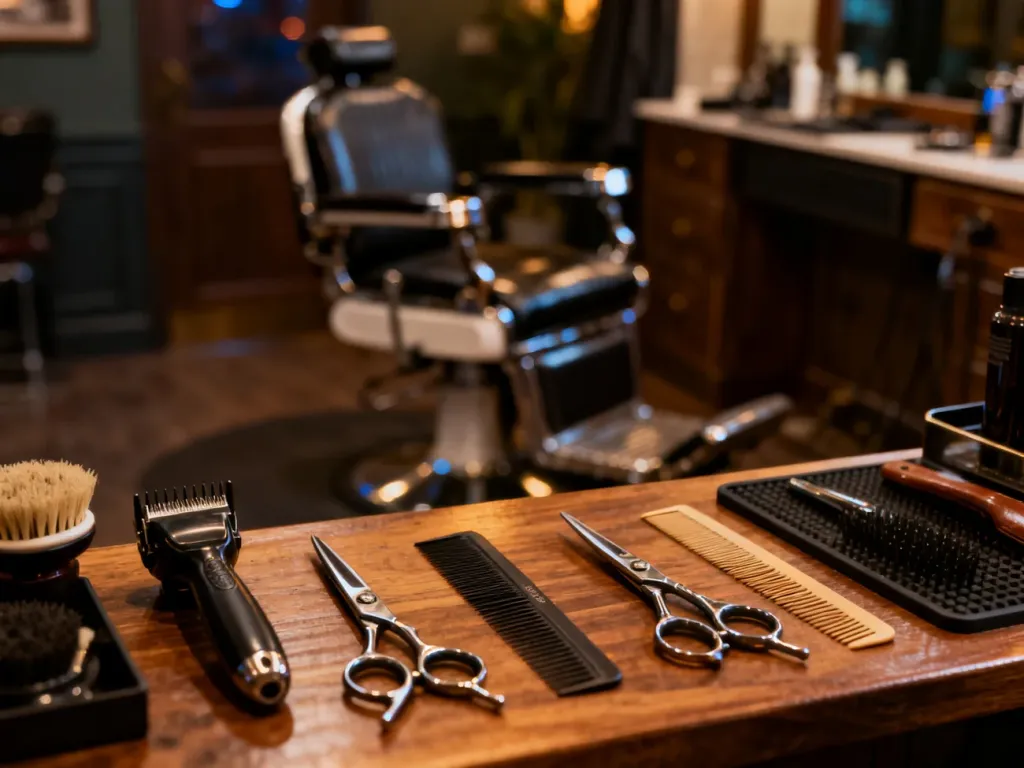 Profesjonalne narzędzia fryzjerskie ułożone na drewnianym blacie w nowoczesnym salonie barberskim.