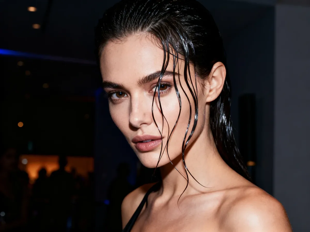 Kobieta z gładko zaczesanymi włosami w stylu wet look