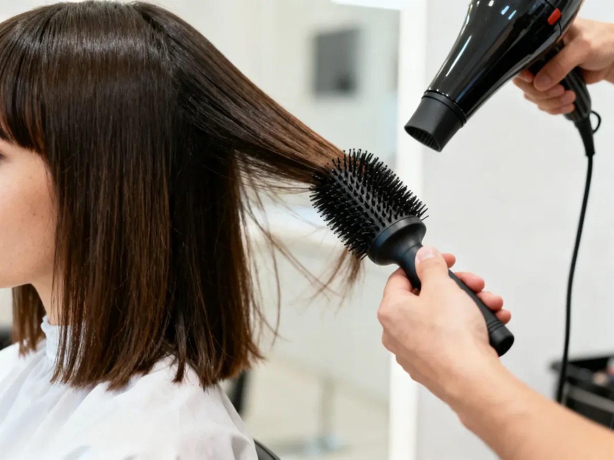 Stylizacja grzywki suszarką i okrągłą szczotką w salonie
