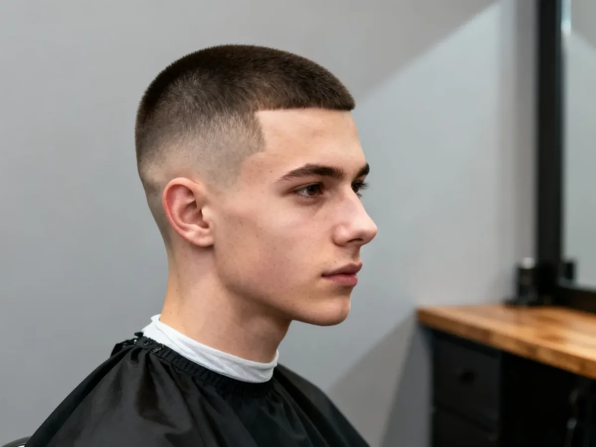 Mężczyzna z krótką fryzurą Buzz Cut i delikatnym fade’em