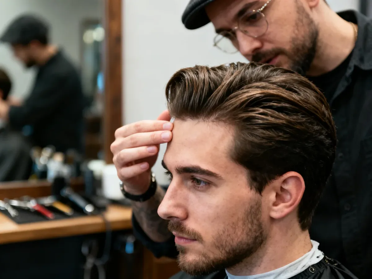 Barber konsultujący z klientem fryzurę do przodu