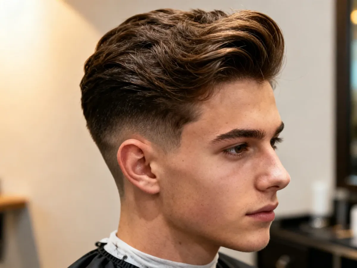 Mężczyzna z uniesioną i teksturowaną fryzurą Quiff