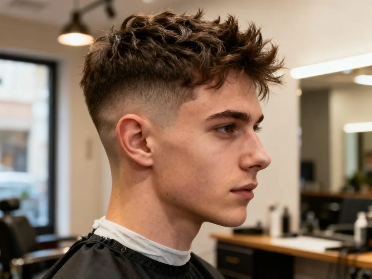 Mężczyzna z teksturowaną fryzurą Textured Crop w nowoczesnym salonie barberskim